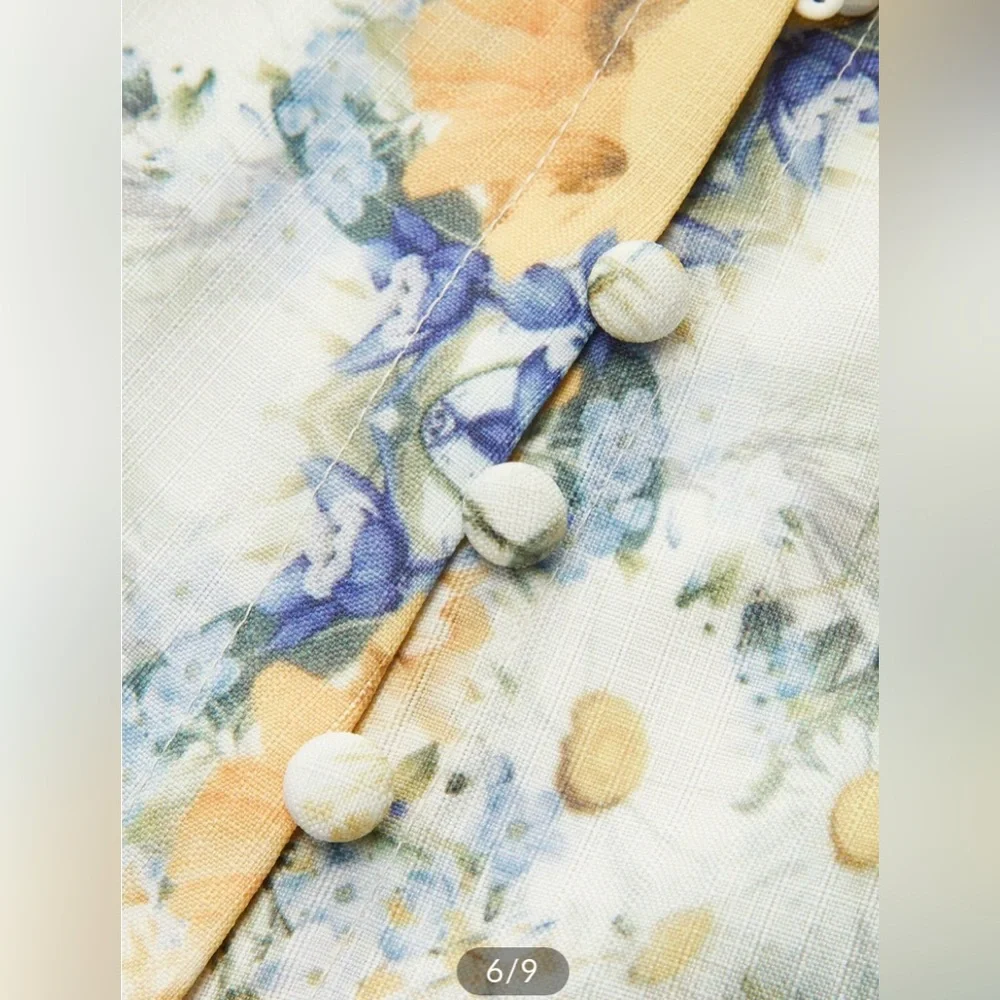 Commense Floral Belted Long Sleeve Midi Dress in Cream, Yellow and Blue - Picture 4 of 8